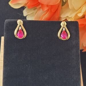 Ruby or Topaz and Diamond Teardrop Earrings Set in 10K Yellow Gold